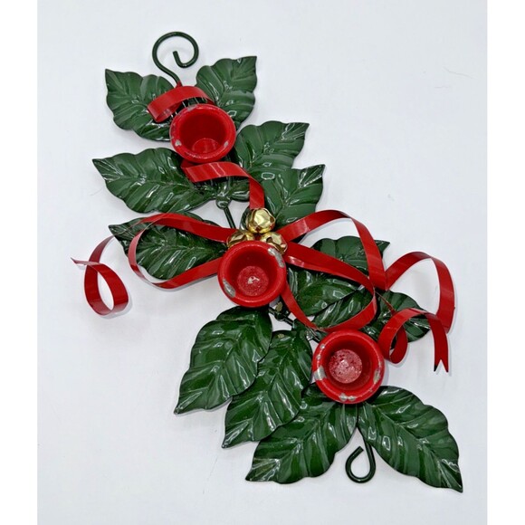 Vintage Christmas Department 56 Metal Holly Ribbon Candle Holder 3 Candles 12” - Picture 1 of 13